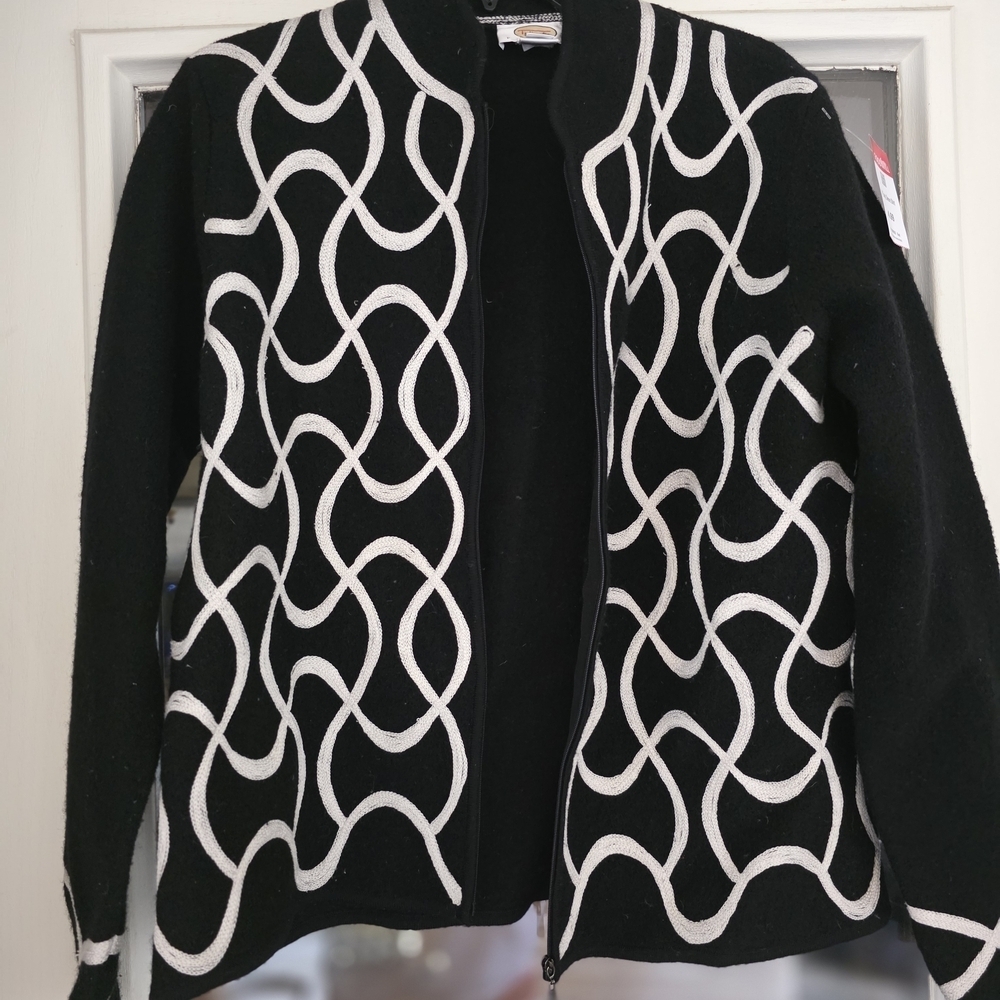 Talbots Black White Patterned Zip Jacket Cardigan 100% Wool XL Extra Large